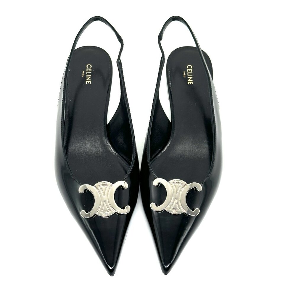 CELINE Alma Triomphe Logo Glossy Leather Flat Slingback Sandals Shoes - Picture 6 of 14